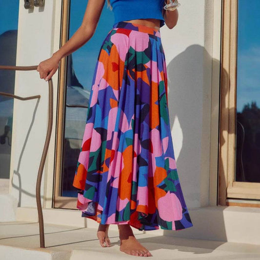 Elegant Fashion Vintage floral Bohemian Pleated Maxi Skirt
