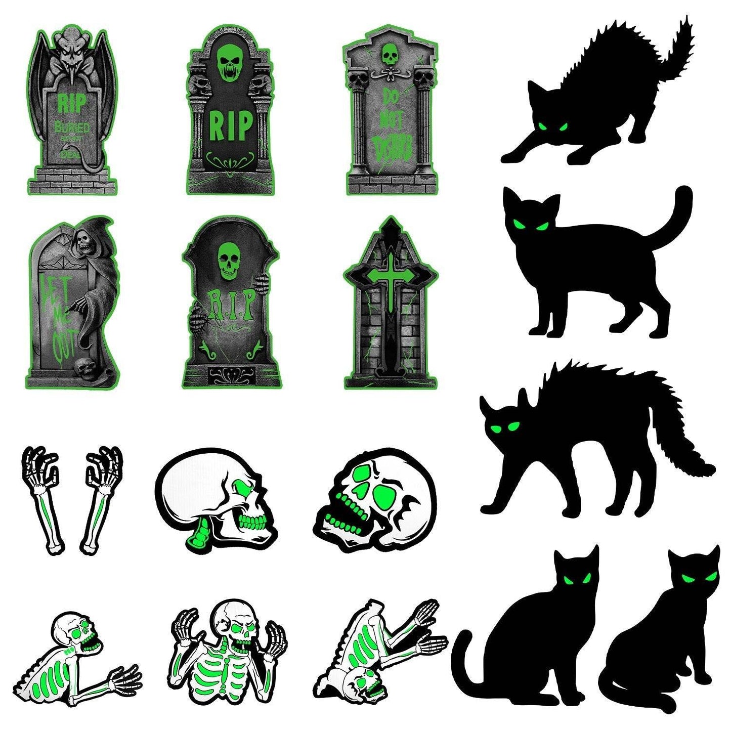 6Pcs Skull Or 6Pcs Tomb Or 5Pcs Black Cat Halloween Yard Sign Decorations  Glow In The Dark For Haunted House Garden Yard And Scary Theme Party