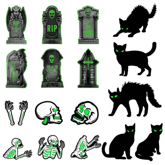 6Pcs Skull Or 6Pcs Tomb Or 5Pcs Black Cat Halloween Yard Sign Decorations  Glow In The Dark For Haunted House Garden Yard And Scary Theme Party