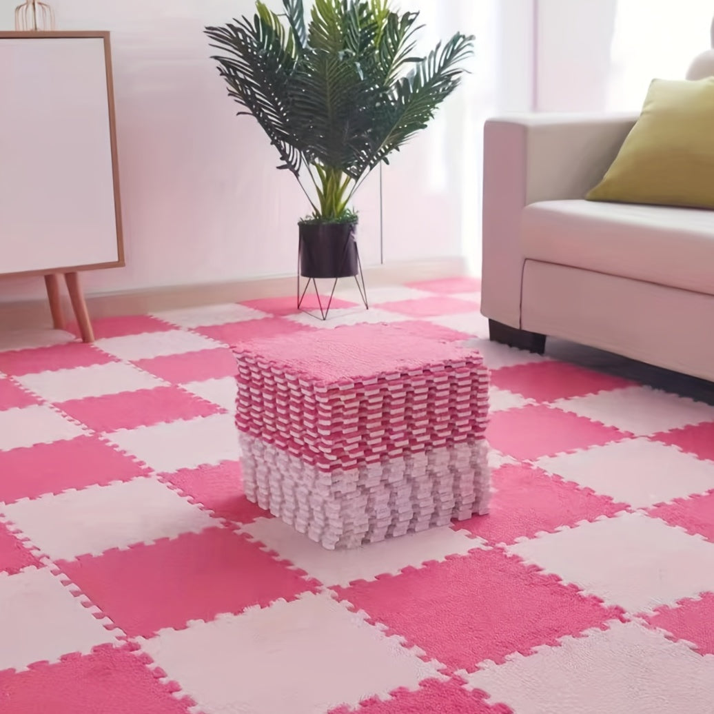 12pcs, Foam Puzzle Floor Mat Rug, Cute Pink Puzzle Floor Mat Interlocking Fluffy Flooring Tiles Soft Climbing Area Rugs Plush Interlocking Carpet Tiles For Home Playroom Bedroom Decor, Bedroom Accessories, Removable And Washa