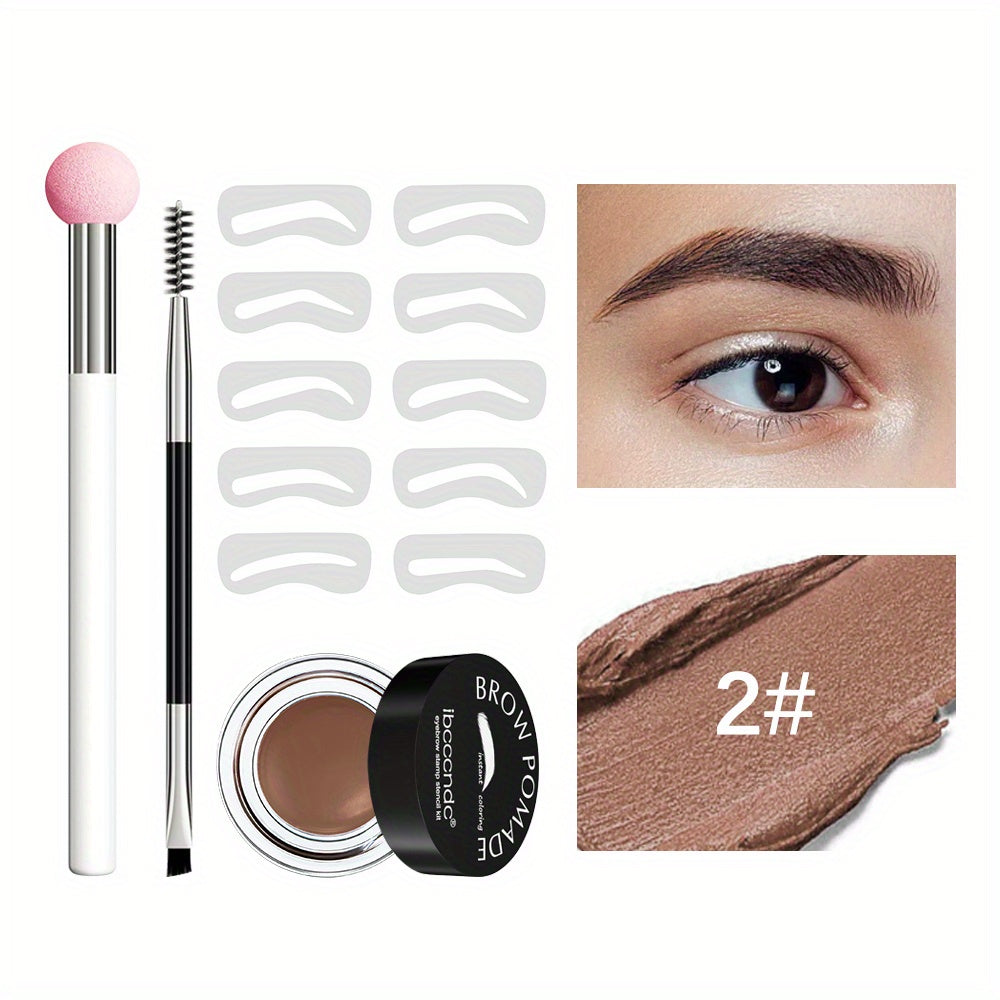 Waterproof and Sweatproof Eyebrow Cream Set with Brush and Sponge Stick - Black and Brown Colors - Lazy Print Eyebrow Stamp Powder - Eyebrow Stencil Included