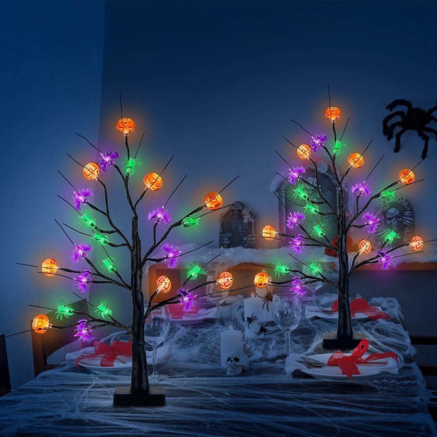 2Pack 1.97FT Lighted Halloween Trees Halloween Indoor Decorations Black Halloween Tree Lights With Timer Adjustable Twigs For Tabletop Party