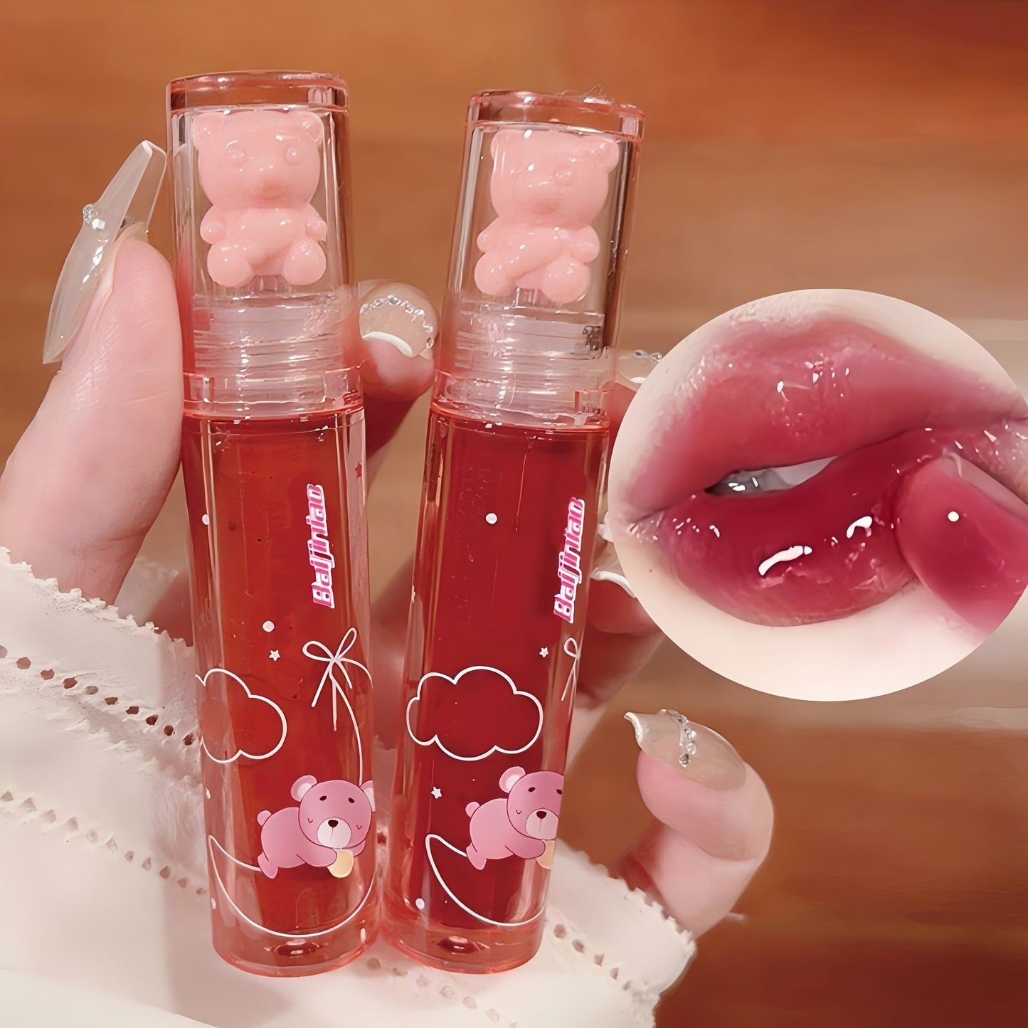 6 Color Lip Glaze, Cute Little Bear, Mirror Gloss, Jelly Lips With Sparkling Light Dew Water, Long-lasting Stain Resistant Transparent Film Forming Lip Gloss, Full Lip Color