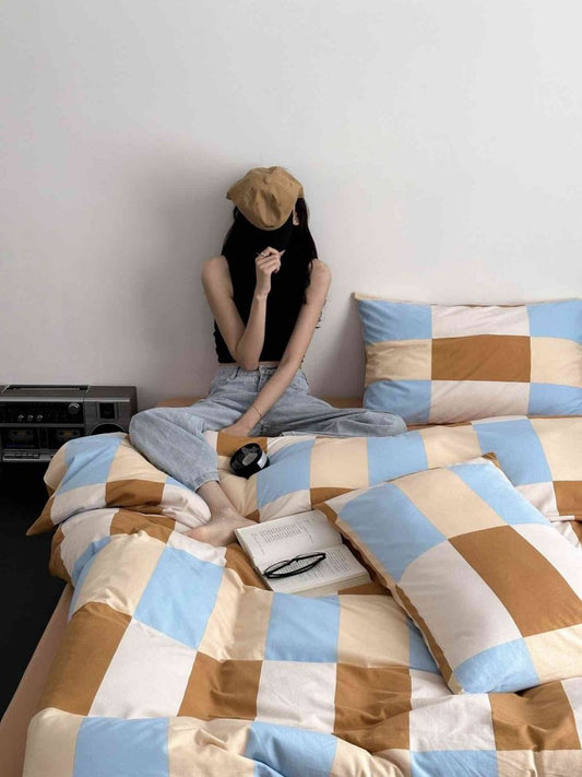 Dopamine Checker Queen Duvet Cover Set With Pillowcases & Fitted Sheet-0
