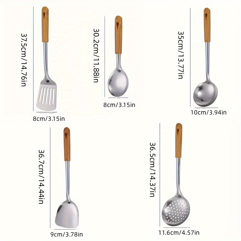 1pc Kitchen Stainless Steel Cooking Utensils With Wooden Handle, Spatulas, Rice Soup, Spoon, Frying Shovel, Colanders, Kitchen Cookware