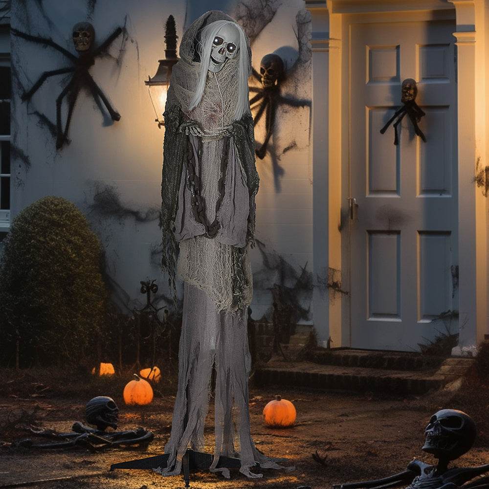 74inch Life Size Outdoor Halloween Decorations Skeleton Witch, Sound And Motion Activated Animated Prop Animatronic Decor With Light Up Eyes, Spooky Sound
