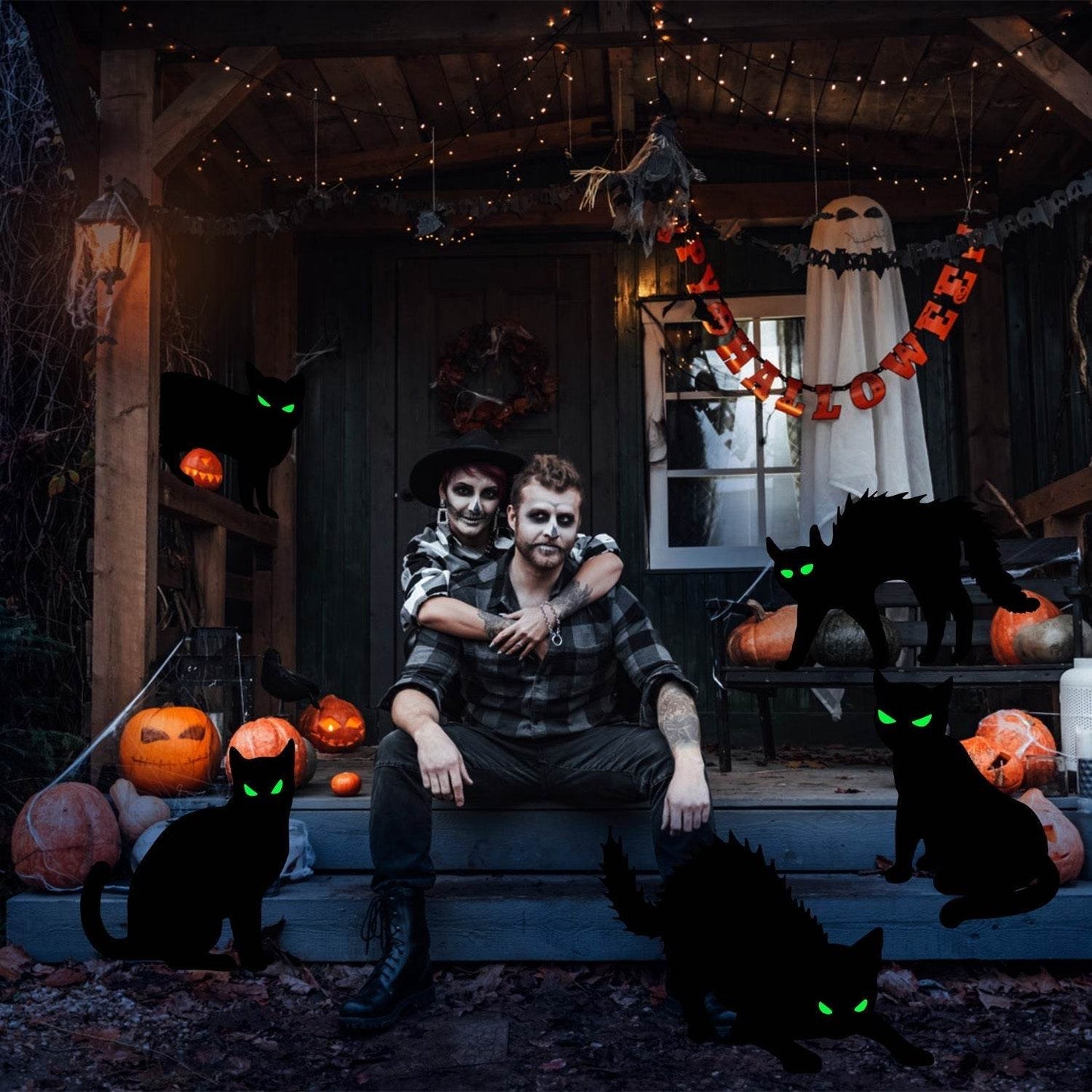 6Pcs Skull Or 6Pcs Tomb Or 5Pcs Black Cat Halloween Yard Sign Decorations  Glow In The Dark For Haunted House Garden Yard And Scary Theme Party