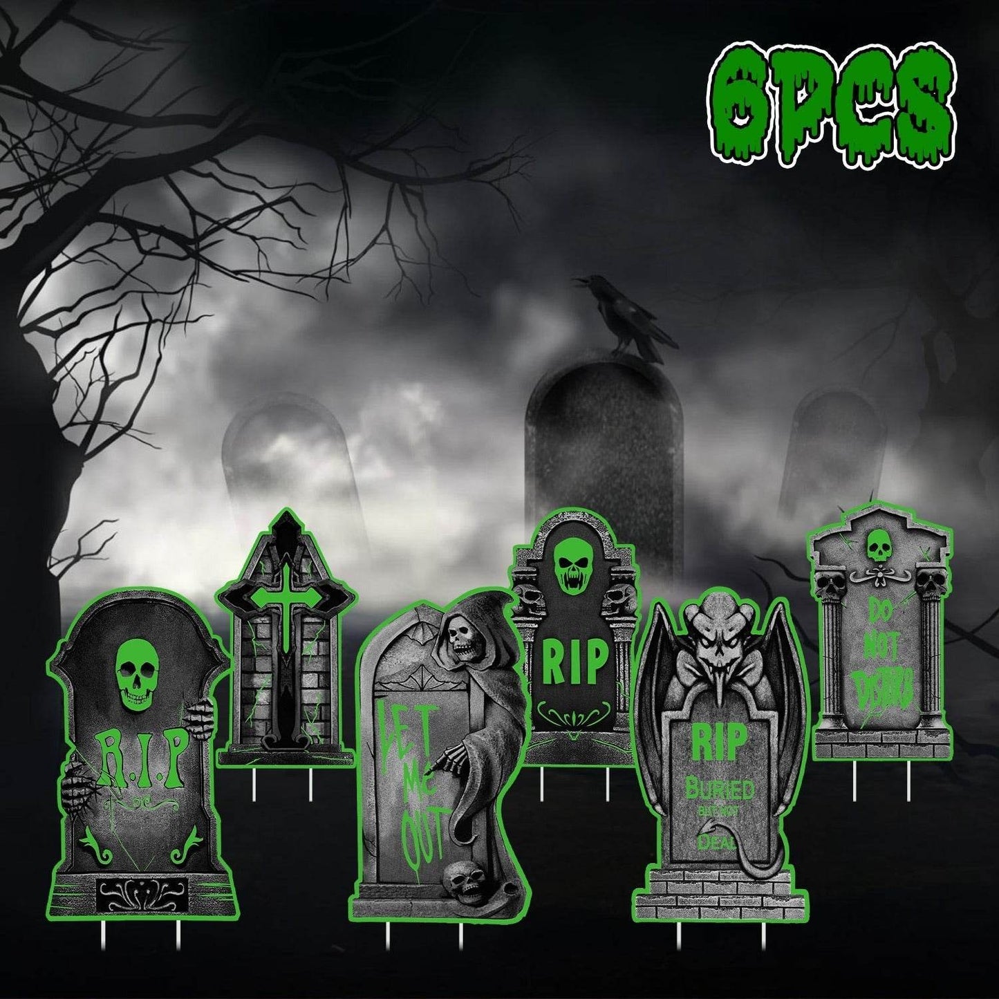 6Pcs Skull Or 6Pcs Tomb Or 5Pcs Black Cat Halloween Yard Sign Decorations  Glow In The Dark For Haunted House Garden Yard And Scary Theme Party