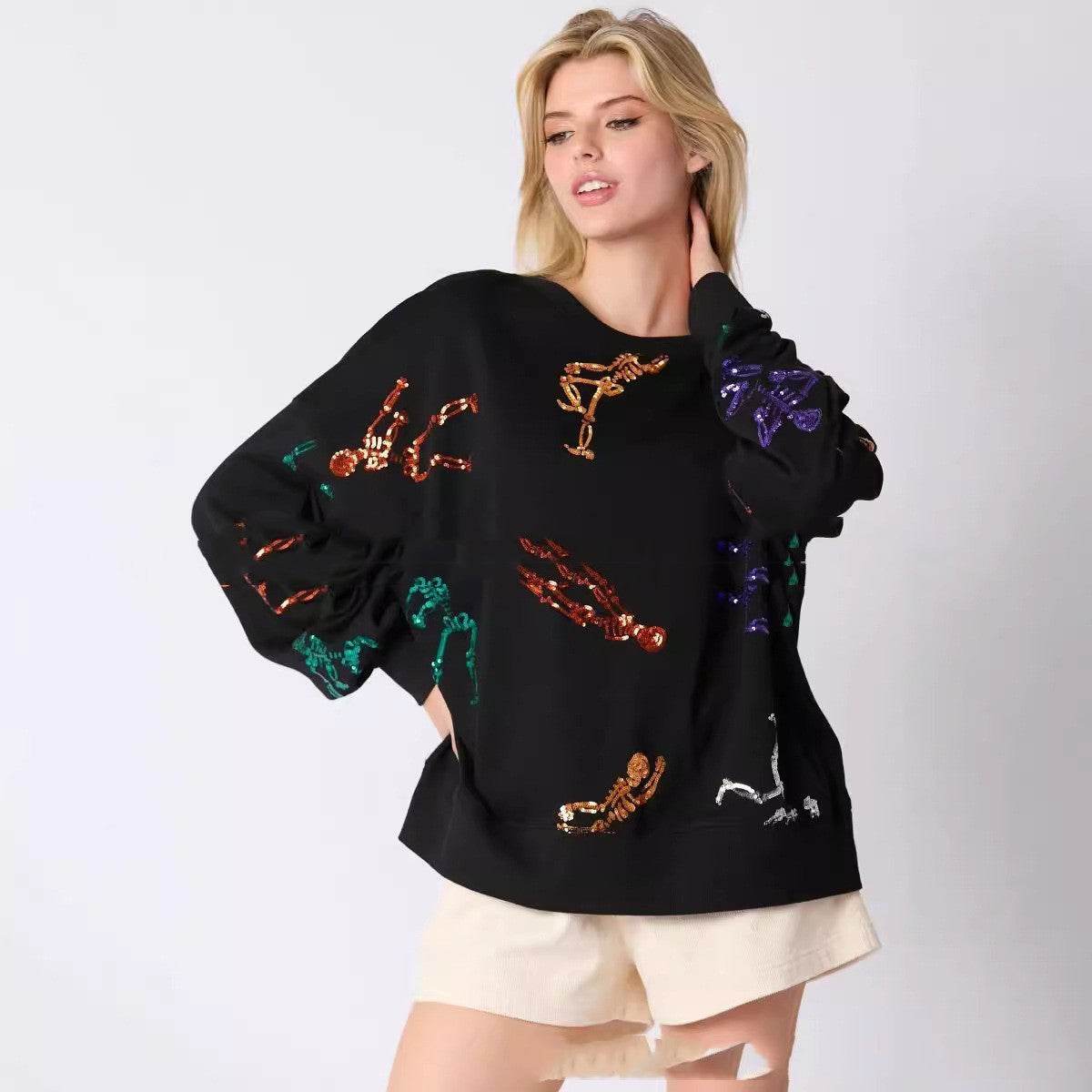 Women's Halloween Skull Sequined Sweater Loose