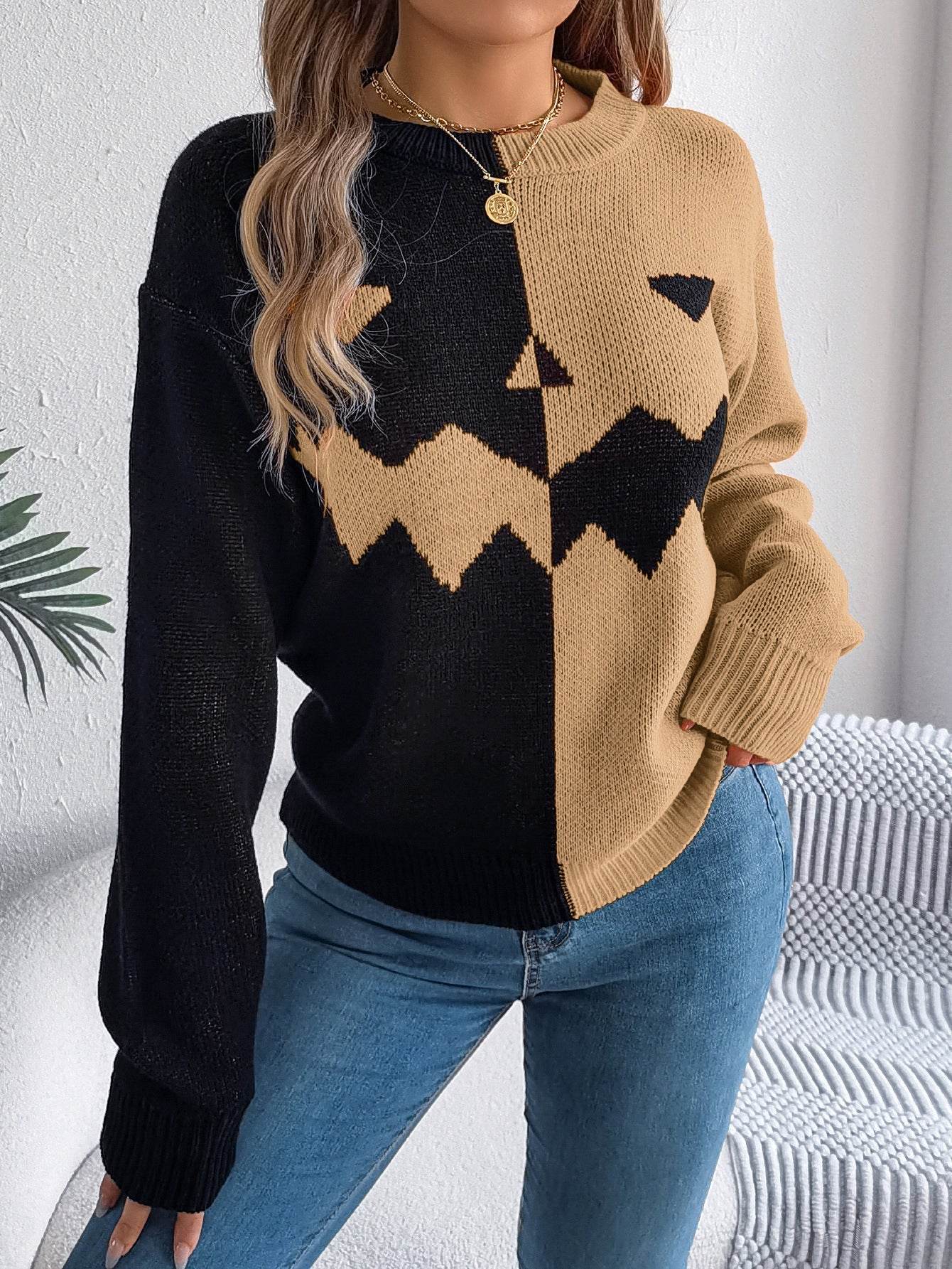Fall And Winter Halloween Spooky Pumpkin Contrast Long Sleeve Pullover Sweater Women's Clothing