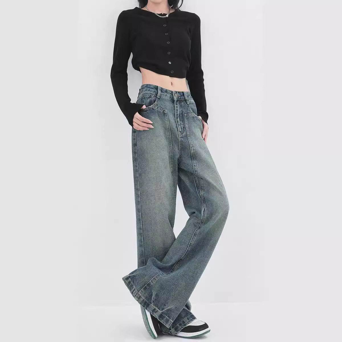 Retro Design Wide Leg Pants High Waisted Boyfriend Jeans