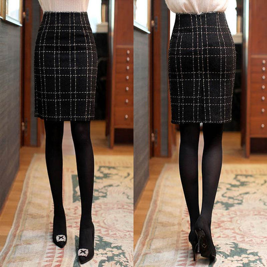 High Waist Black Plaid Sheath A- Line Slimming Woolen Mini Sheath Skirt