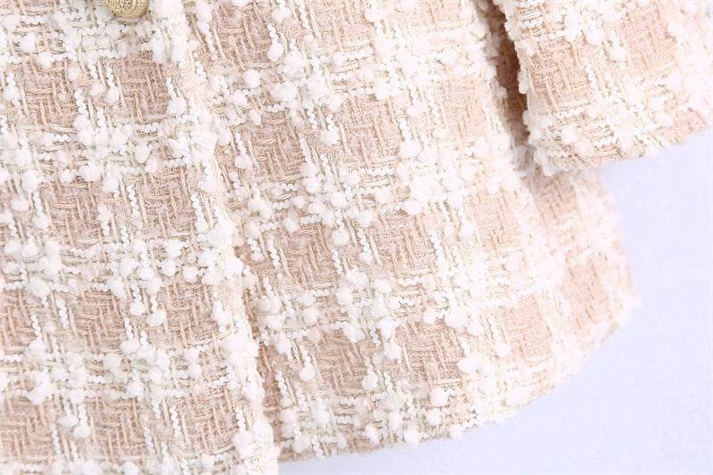 Elegant Luxury Lapel Long Sleeved Double Breasted Check tweed Blazer Women