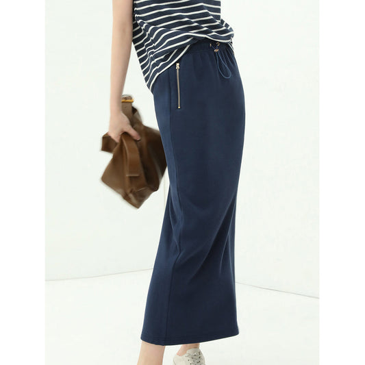 Elastic Drawcord Back-Slit Navy Skirt-0