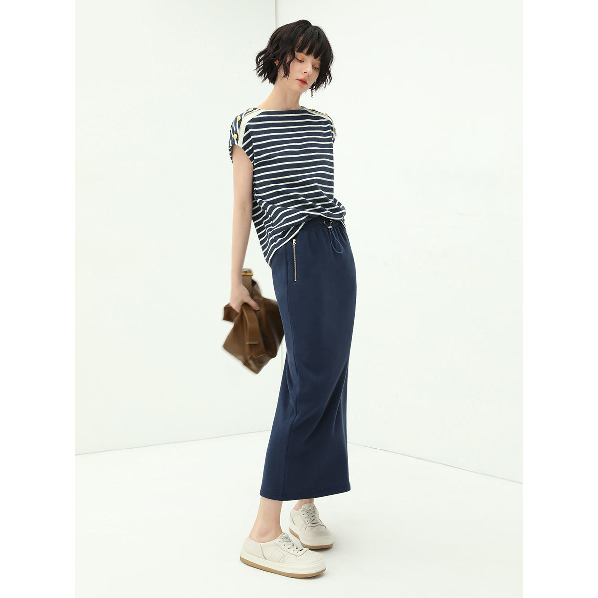 Elastic Drawcord Back-Slit Navy Skirt-2