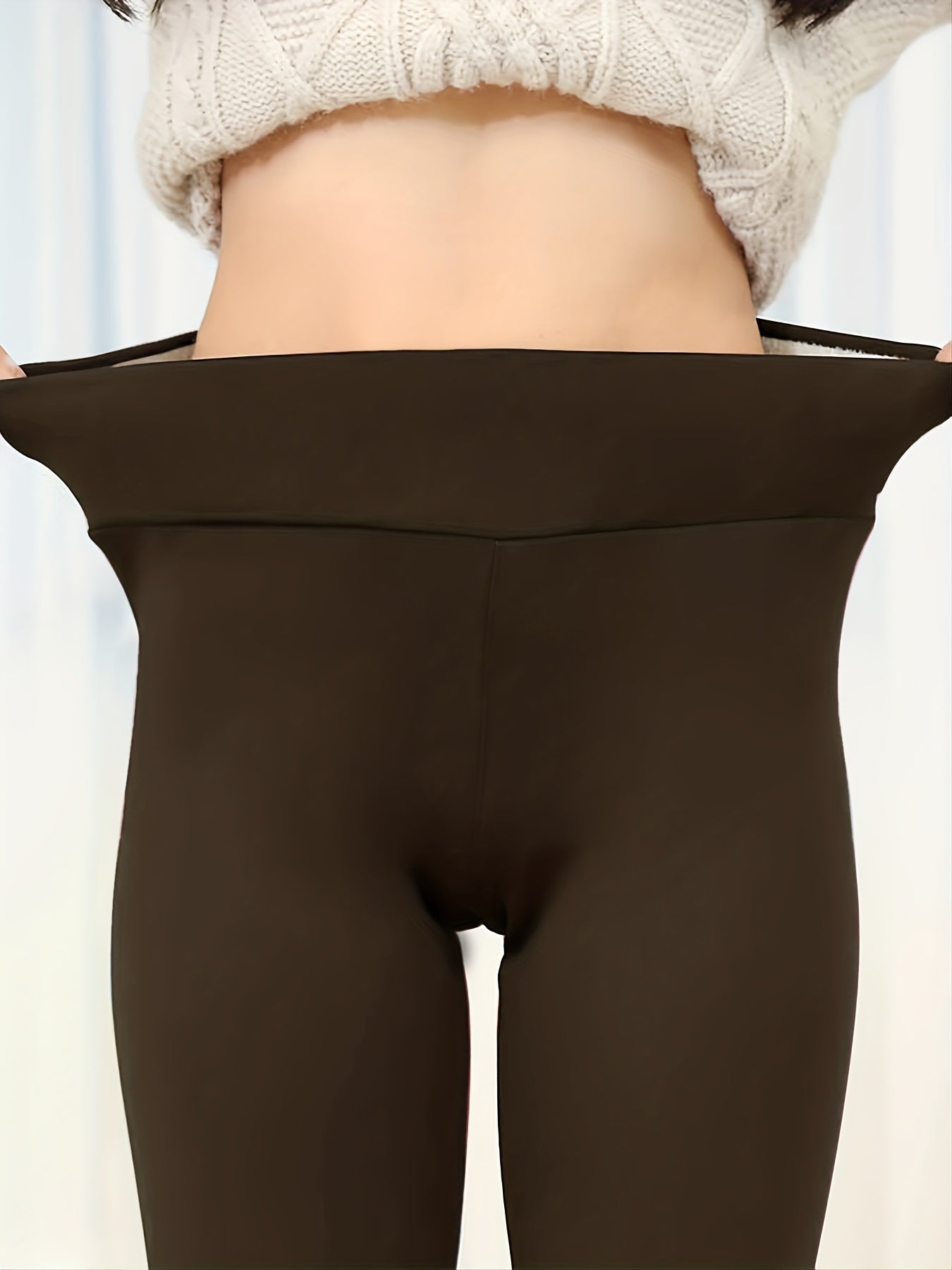 Solid Sherpa Warm Plush Lining Leggings, Casual Stretchy Long Length High Waist Leggings, Women's Clothing