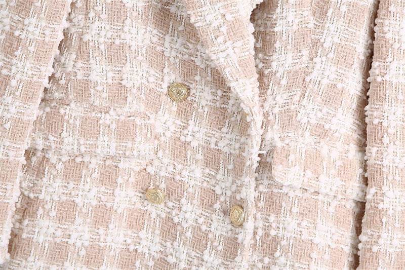 Elegant Luxury Lapel Long Sleeved Double Breasted Check tweed Blazer Women