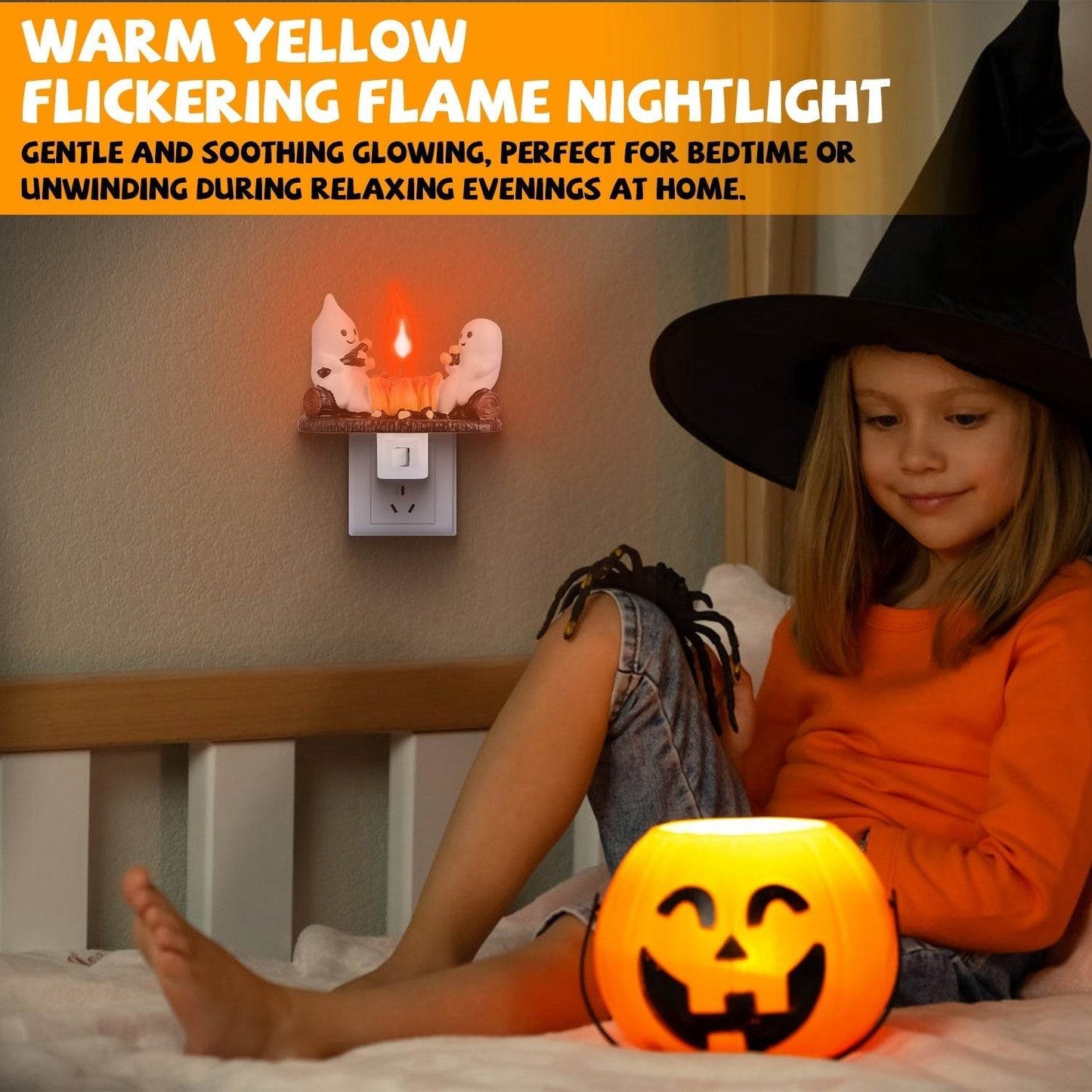 2Pcs Ghost Campfire Flickering Flame Night Light Indoor 3D Funny Halloween Nightlight Decoration Bedroom Night Light Halloween Decoration Gift For Friend Family