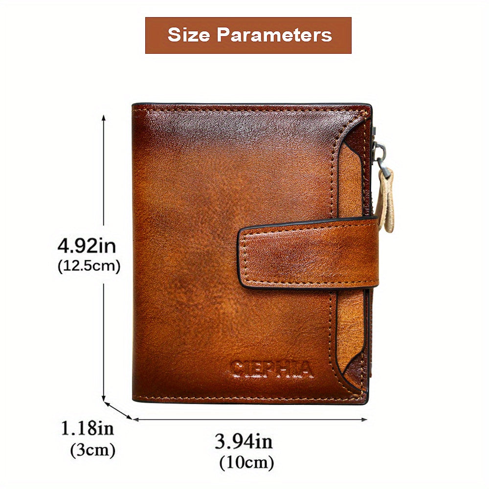 1pc CIEPHIA Men's Genuine Leather Wallet Vintage RFID Blocking Anti-Theft Billfold with Adjustable Strap, 17 Card Slots, ID Window, Coin Pocket & Zipper Closure - Deep Brown, Valentine's Day Gift for Men, Perfect for Thanksgi
