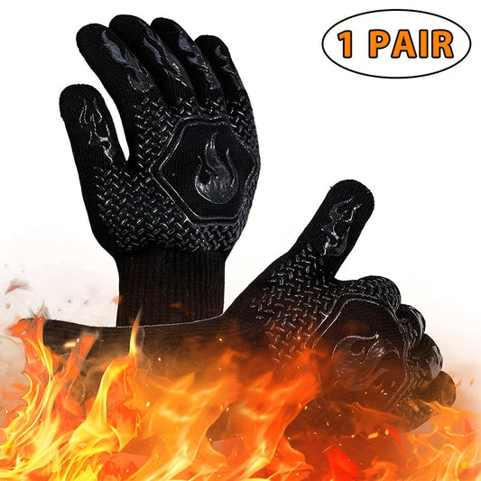 1 Pair BBQ Grill Gloves, Resistant Gloves Heat Resistant Fireproof Gloves, Washable Non-Slip Silicone Oven Gloves, Kitchen Safe Cooking Gloves For Oven Mitts, Barbecue, Cooking, Frying, 12.6inch