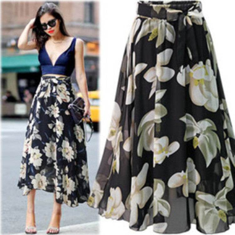 Women Formal Work Office High Waist Floral Midi Big Swing Chiffon Skirt