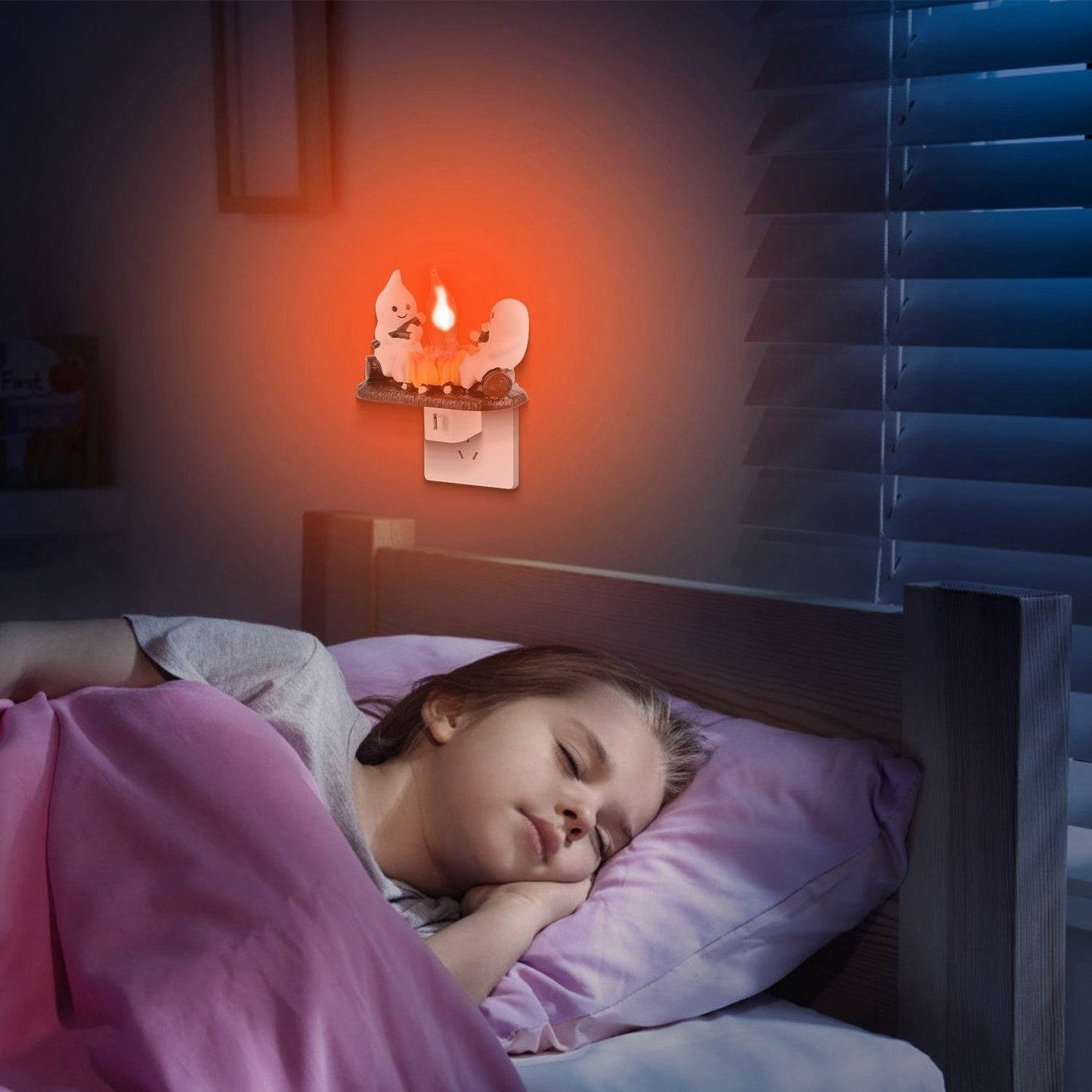 2Pcs Ghost Campfire Flickering Flame Night Light Indoor 3D Funny Halloween Nightlight Decoration Bedroom Night Light Halloween Decoration Gift For Friend Family