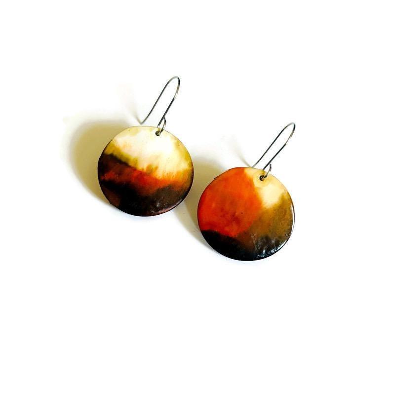 Fall Disc Earrings Painted in Abstract Earth Tones-1