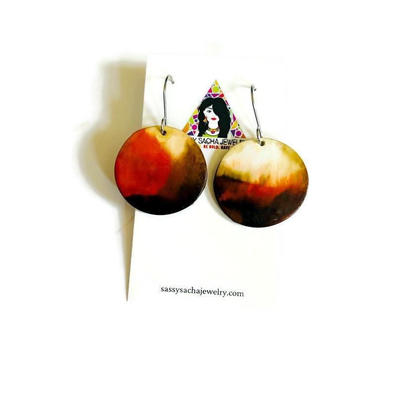 Fall Disc Earrings Painted in Abstract Earth Tones-3