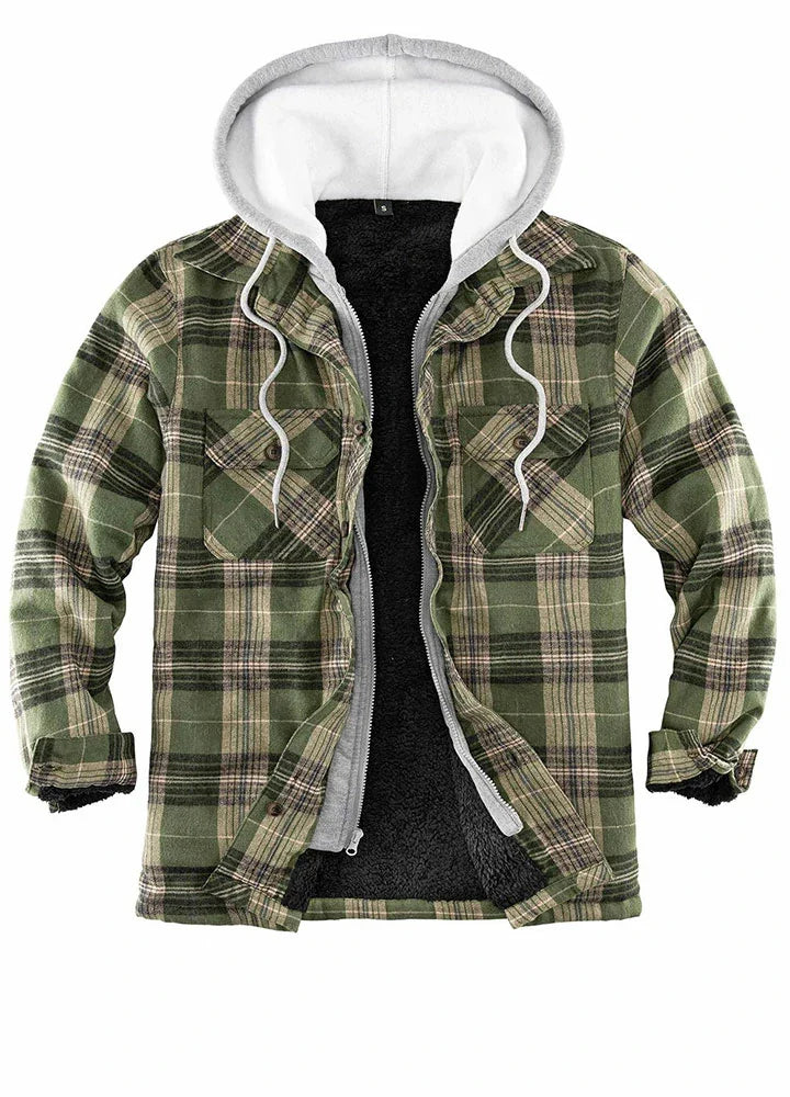Men's Fuzzy Sherpa Lined Zip Up Plaid Flannel Shirt Jacket with Hood-2