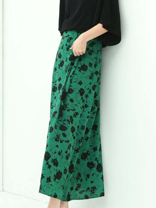 Floral Green and Black High-Waist Midi Skirt-0