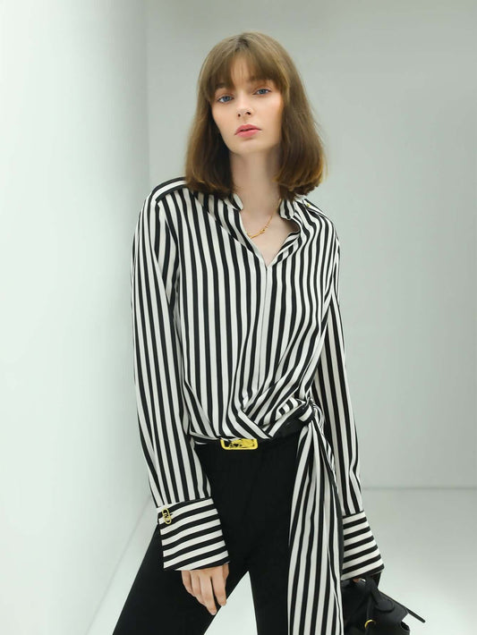 Flowy Vertical Stripe Shirt with a Side Belt-0