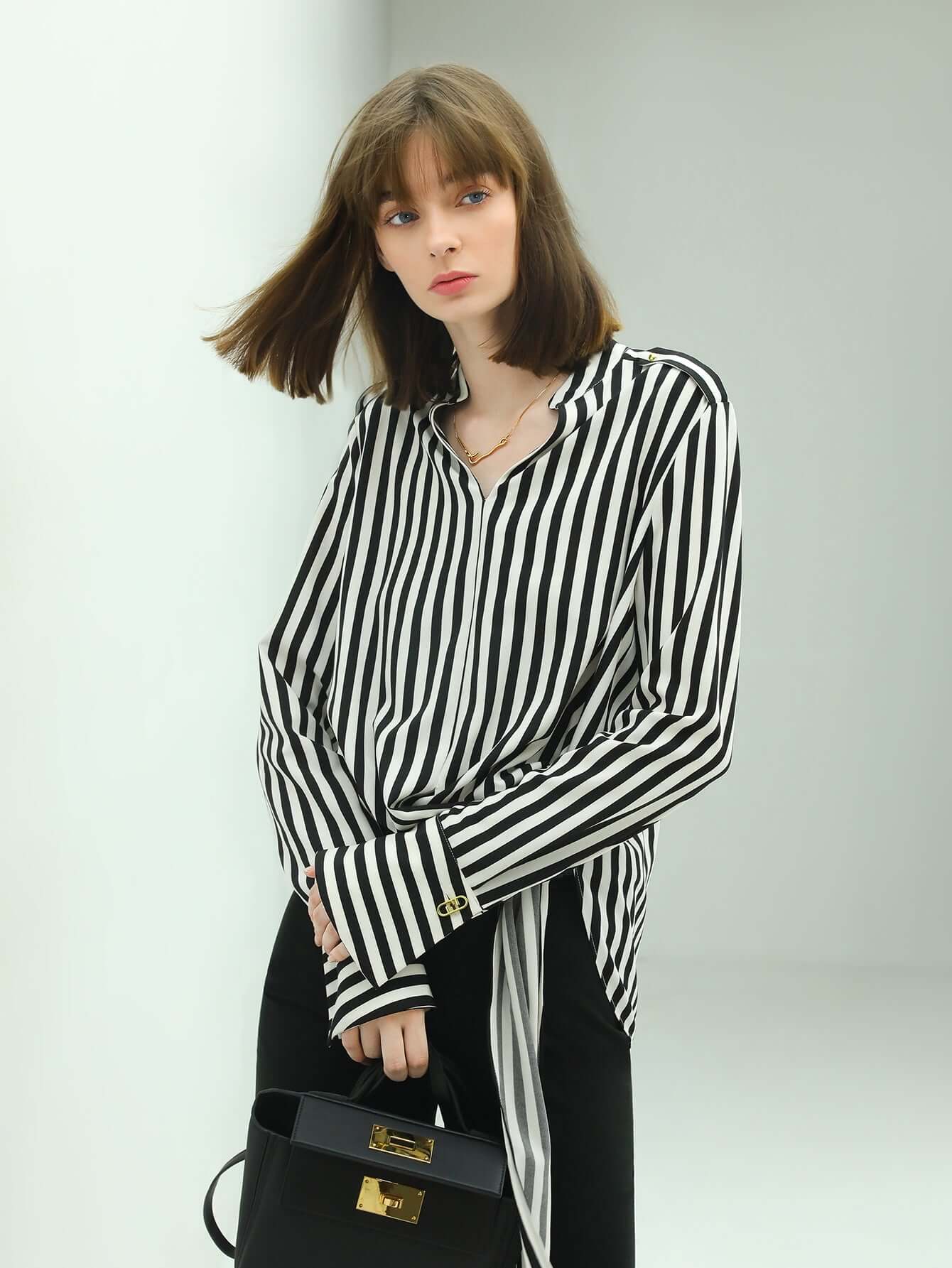 Flowy Vertical Stripe Shirt with a Side Belt-2