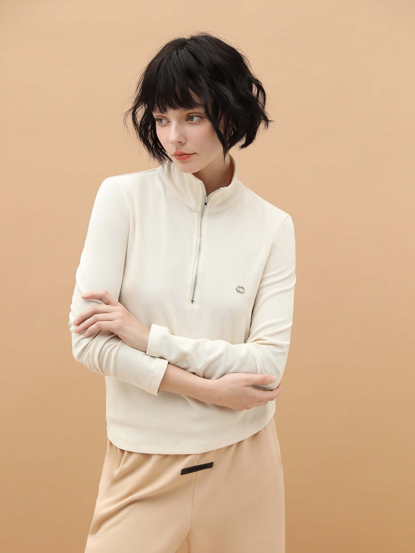 Form-Fitting Half-Zip Knit Top Shirt-1