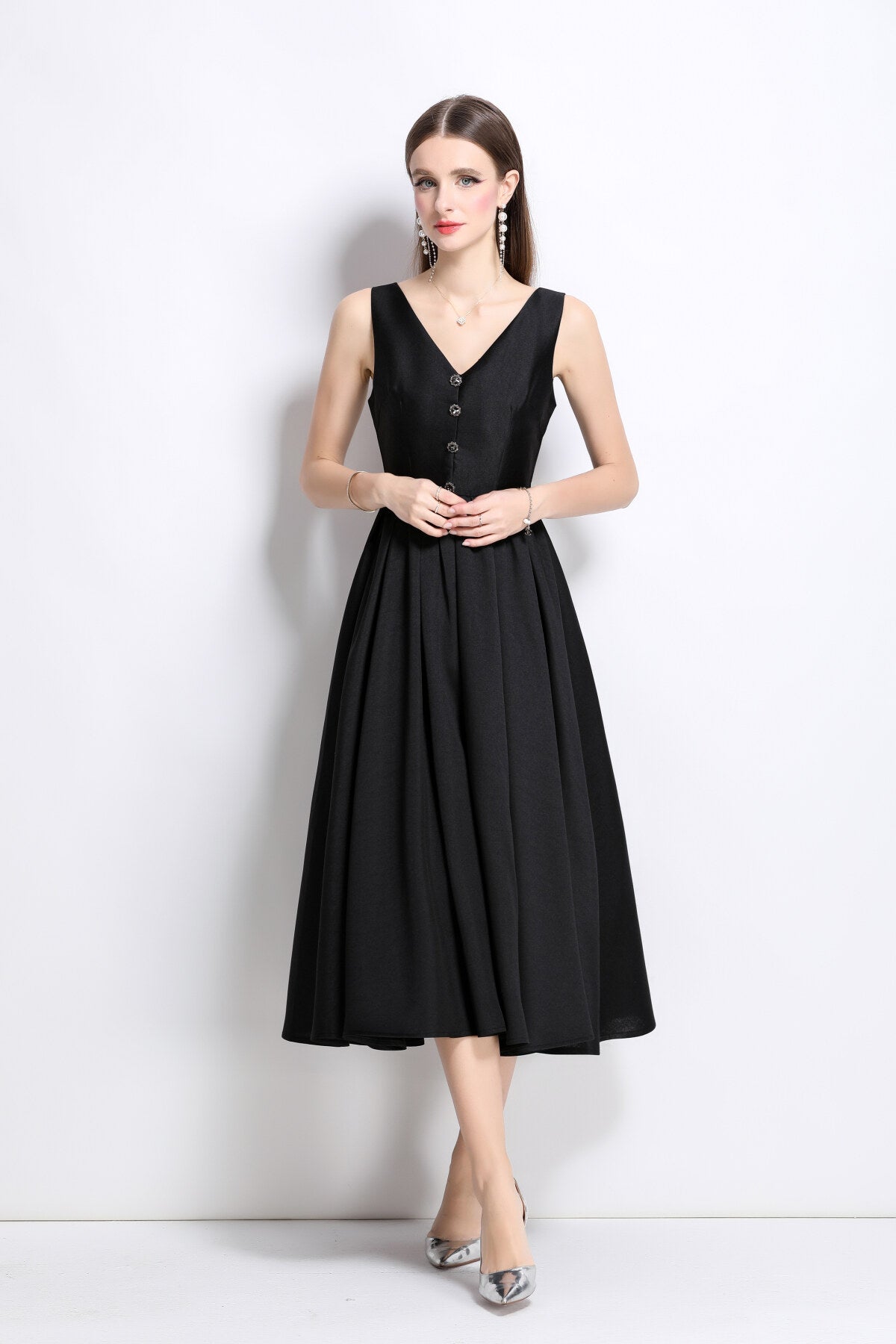 French Elegant Fitted Waist Midi V Neck Dress-0