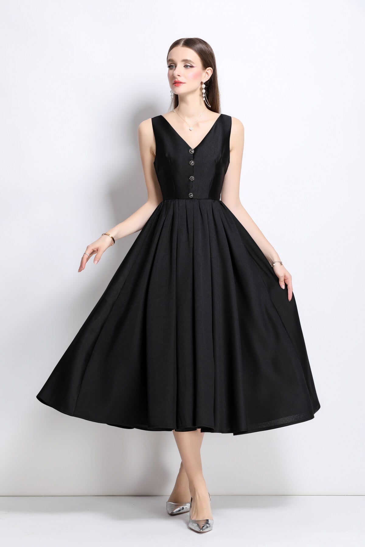 French Elegant Fitted Waist Midi V Neck Dress-1