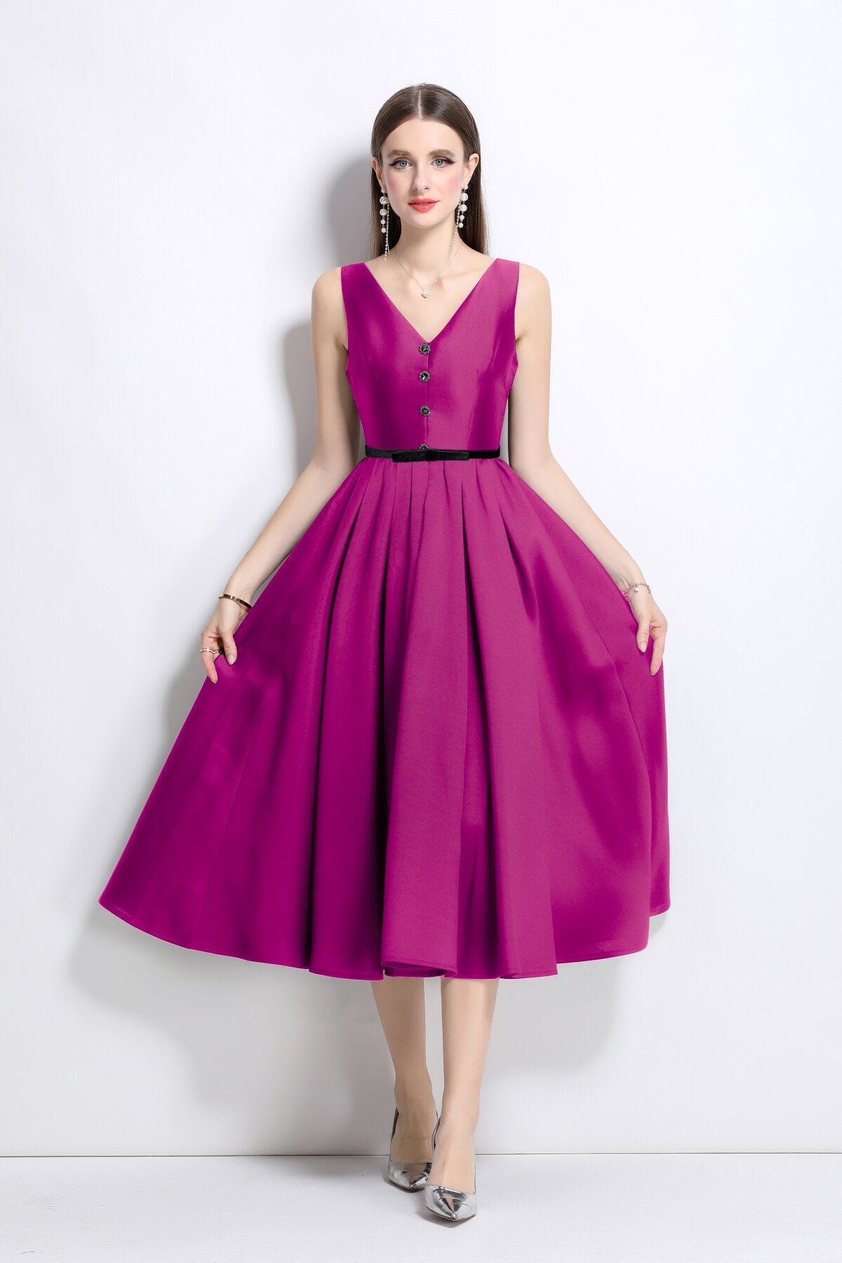 French Elegant Fitted Waist Midi V Neck Dress-4