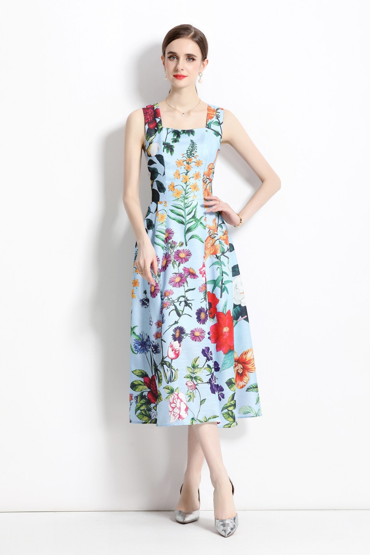 French Vintage Blue Floral High Waist Thick Strap Dress-0