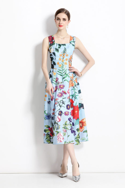 French Vintage Blue Floral High Waist Thick Strap Dress-0