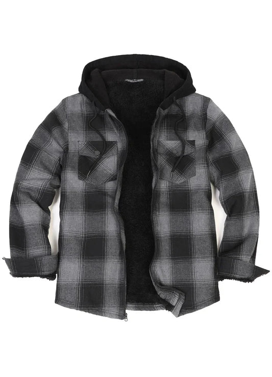 Men's Sherpa Lined Full Zip Up Flannel Plaid Hooded Jacket-20