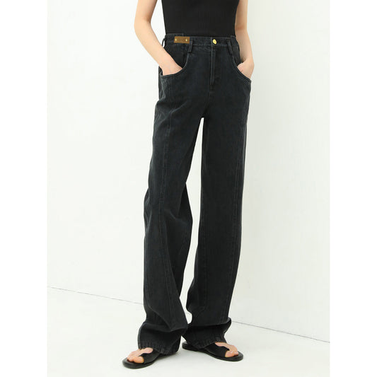 High Waist Straight Leg Black Jeans-0