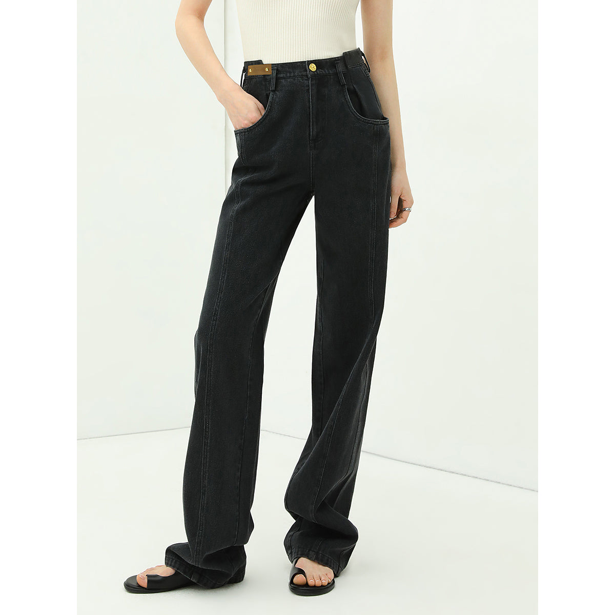 High Waist Straight Leg Black Jeans-1
