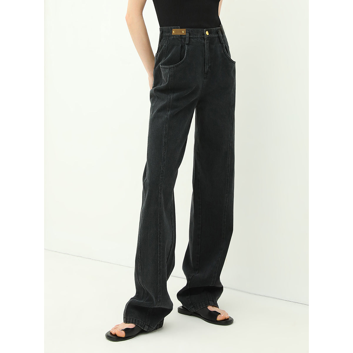 High Waist Straight Leg Black Jeans-2