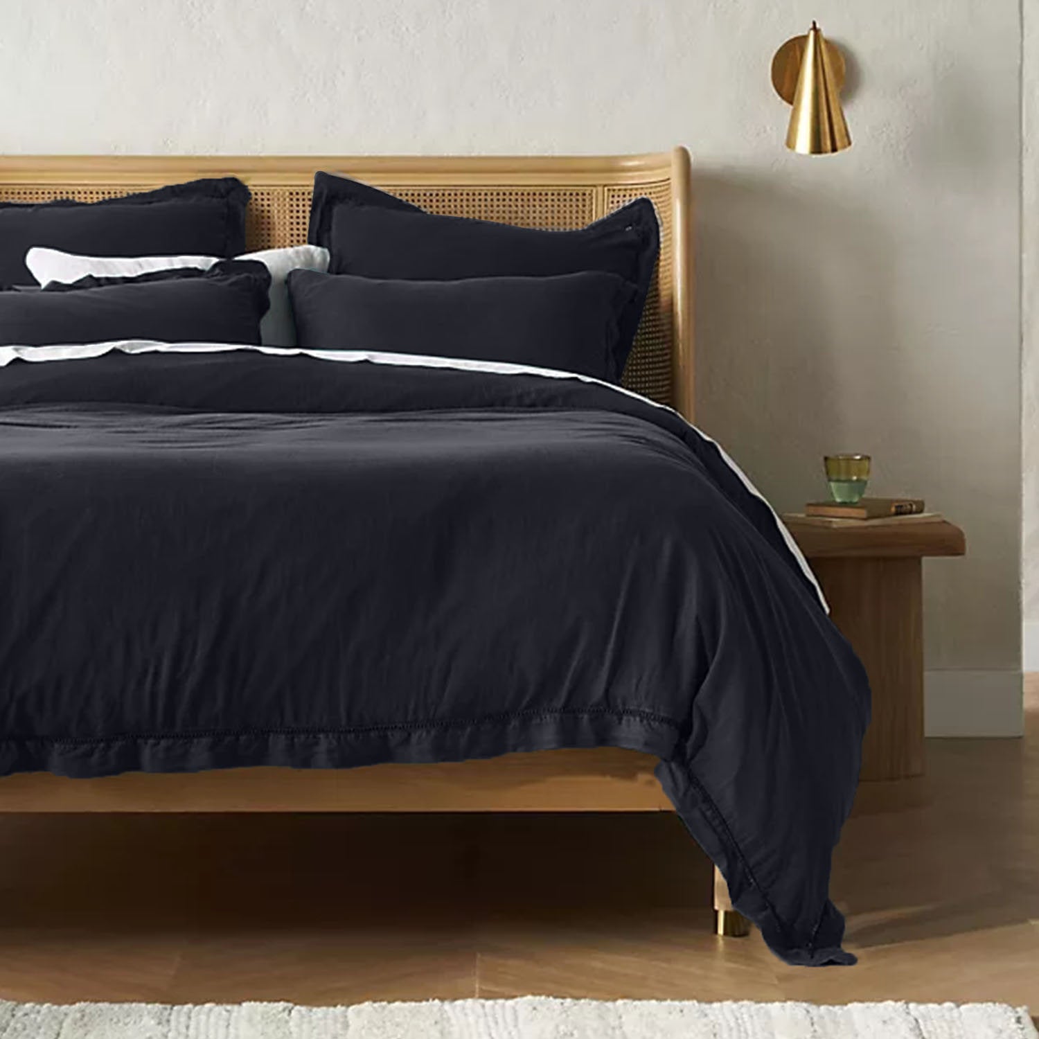 EmbroideredEdgeCharcoalBlack 100% Pure Linen | Linen Cotton Mix | 3 Piece Duvet Cover Set | 4 Piece Sheet Set | Handmade | Pre-washed | Soft-0