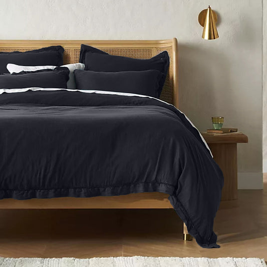 EmbroideredEdgeCharcoalBlack 100% Pure Linen | Linen Cotton Mix | 3 Piece Duvet Cover Set | 4 Piece Sheet Set | Handmade | Pre-washed | Soft-0
