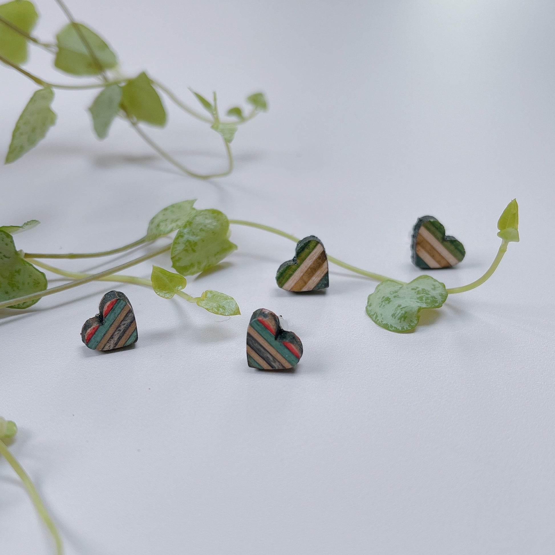 Love Heart Recycled Skateboard Wooden Stud Earrings-4