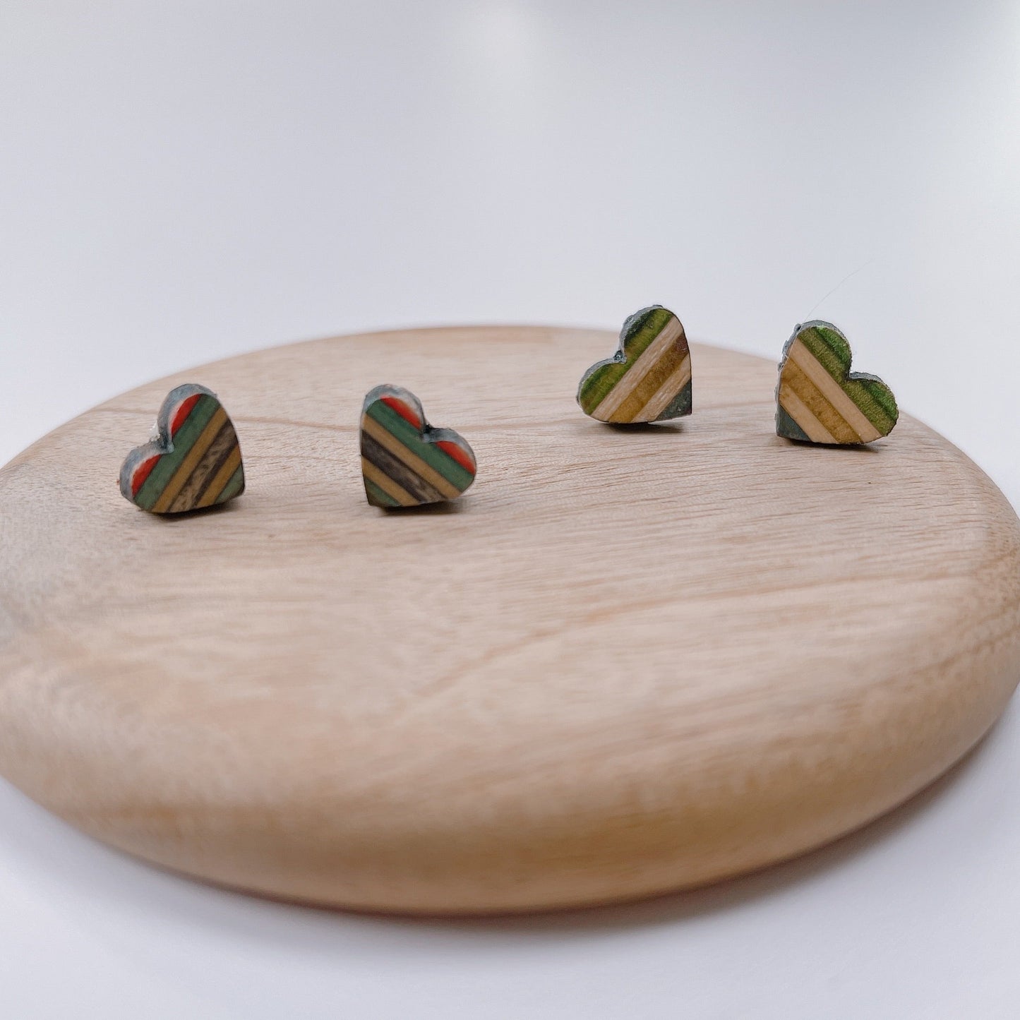 Love Heart Recycled Skateboard Wooden Stud Earrings-2