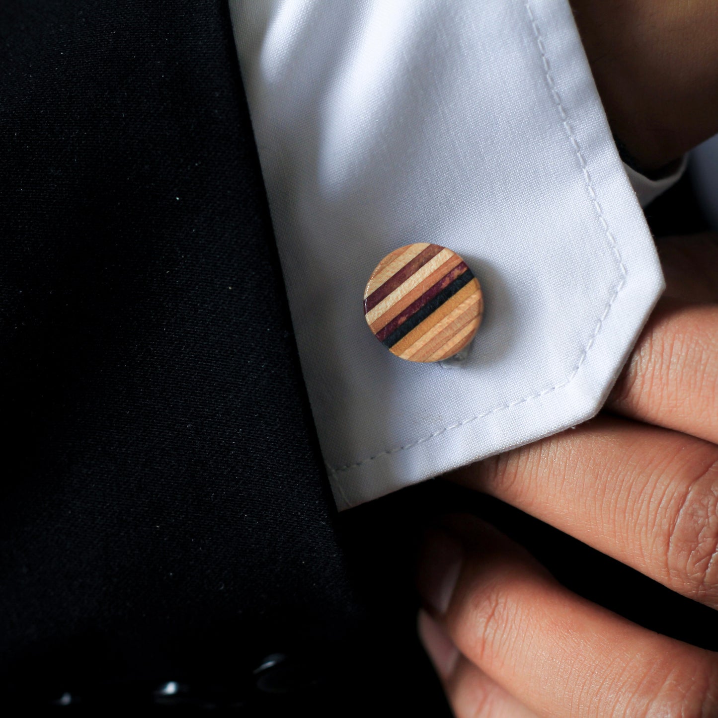 Recycled Skateboard Wooden Round Cufflinks-1