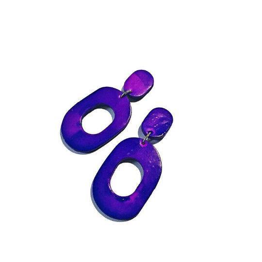 Large Purple Hand Painted Earrings Handmade from Clay- "Pam"-0