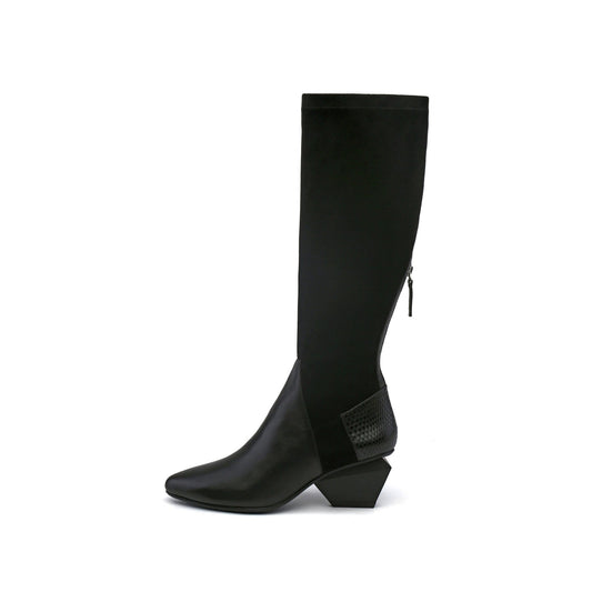 Leather Patchwork Slim Knee High Boots-0