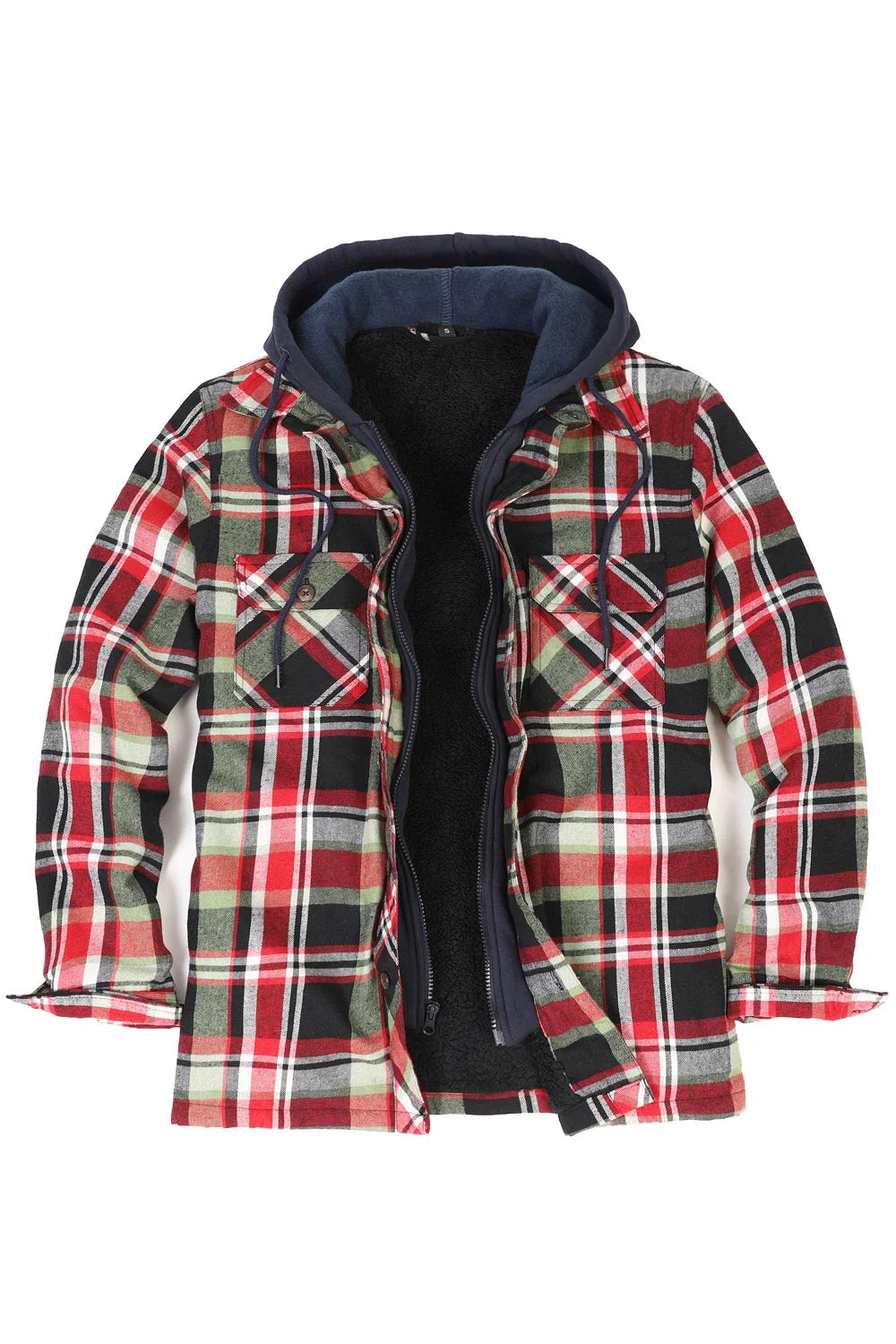 Men's Fuzzy Sherpa Lined Zip Up Plaid Flannel Shirt Jacket with Hood-9